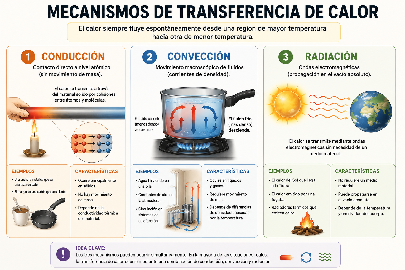 ¿Qué diferencia a la transferencia de calor por conducción, convección y radiación?