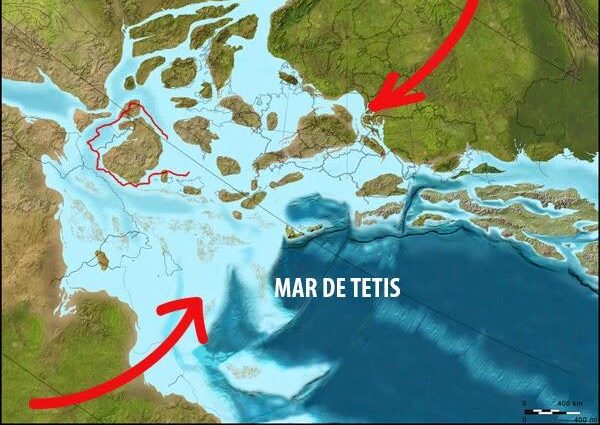 El Mar de Tetis fue un antiguo océano que existió hace millones de años, especialmente durante la era mesozoica (cuando vivían los dinosaurios). Se encontraba entre los supercontinentes Laurasia (al norte) y Gondwana (al sur).